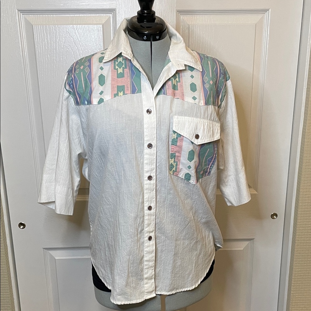 Vintage 90s White Button-Up Shirt with Southwest Pattern
